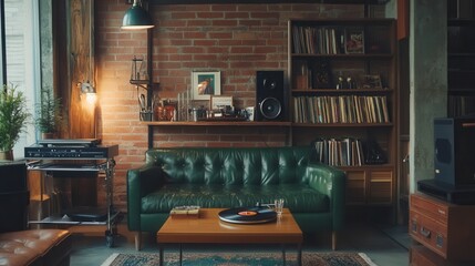 a retro loft-style apartment with exposed brick walls, industrial lighting, a vintage bar cart, and a turntable playing vinyl records. 