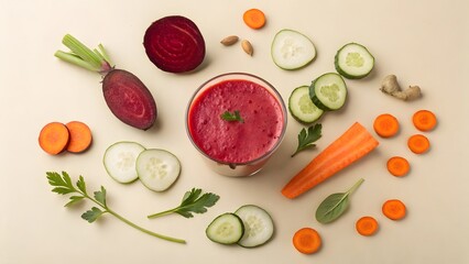 Vibrant Beetroot Smoothie Recipe, Freshly Made with Carrots, Cucumbers, and Parsley Garnish. A Healthy and Delicious Blend of Vegetables