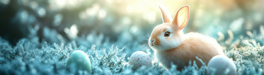 Fototapeta premium cute bunny with Easter eggs on frosty grass