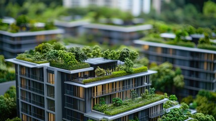 a model showcasing buildings with green roofs and gardens.