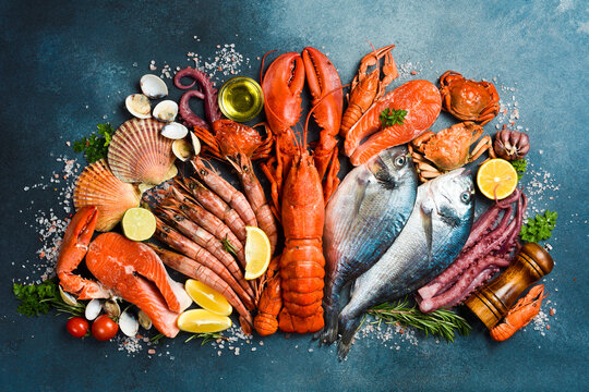 Fresh seafood. Wide food banner. Fish, octopus, lobster and other seafood on a gray stone table.