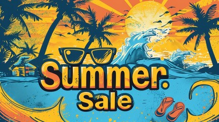 Summer sale poster with tropical beach scene