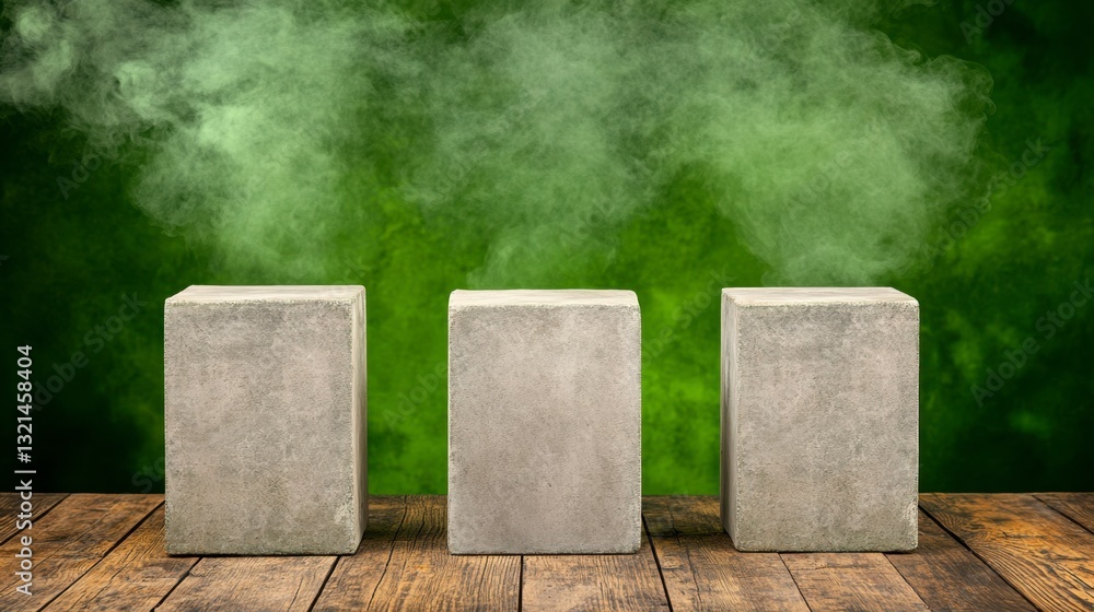 Poster three grey concrete blocks on a rustic wooden surface against a dark green background with ethereal 