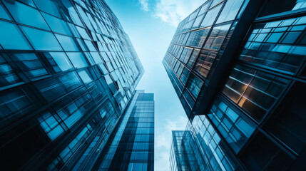 A collection of multi-story office and residential structures in a European city, featuring sleek glass facades and vertical living spaces within a bustling business district