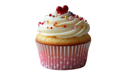 Sweet Temptation: A delightful cupcake with creamy frosting, colorful sprinkles and heart on top, a tempting treat for celebration.