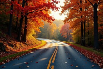 Obraz premium Autumnal Road Winding Through a Canopy of Vibrant Fall Foliage
