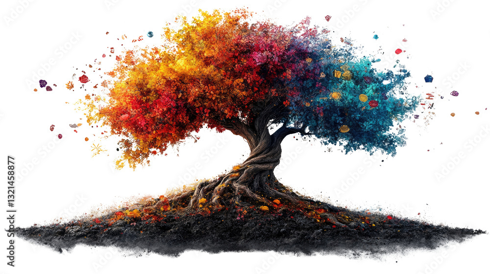 Poster chromatic tree of life: a vibrant depiction of a tree flourishing with leaves in an array of vivid c