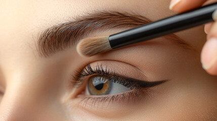 Closeup of a woman applying makeup to her eyebrow with a brush face girl skin care hair eyes look