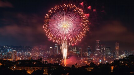 Fototapeta premium Fireworks illuminate the night sky above the city skyline, creating a stunning spectacle aligned with the golden ratio
