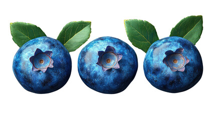Obraz premium Vibrant Trio: A close-up captures three ripe, juicy blueberries with their green leaves