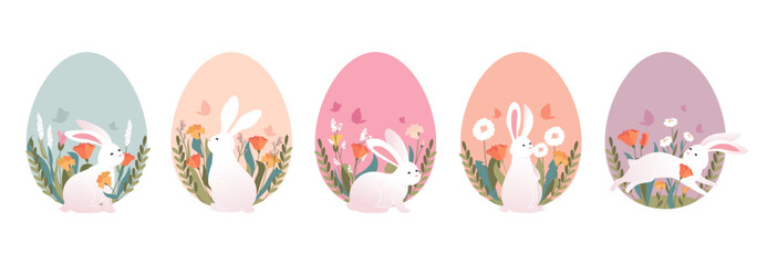 Happy Easter eggs with cute white fluffy bunny, spring flowers bloom decoration isolated set