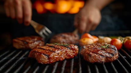Juicy steaks sizzle on a hot barbecue grill, surrounded by fresh vegetables and aromatic rosemary.