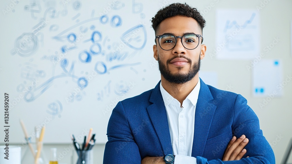 Aufkleber confident man in glasses standing in front of a creative workspace with charts and notes.