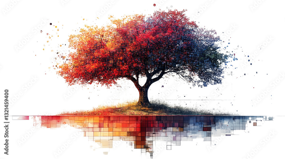 Poster tree of life: artistic rendering of a vibrant tree, with a canopy ablaze in fiery hues and a trunk r
