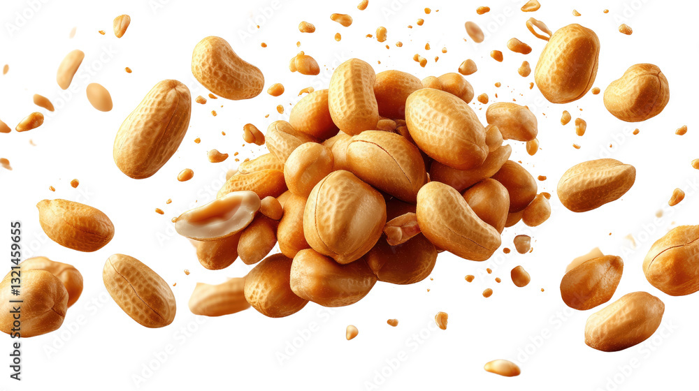 Poster peanut explosion in focus: a dynamic capture of raw peanuts in mid-air against a pure background, sh