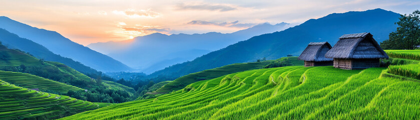 Fototapeta premium Serene sunset over lush green rice terraces with traditional huts, showcasing nature beauty
