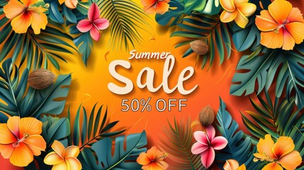 Summer sale poster with tropical flowers and leaves