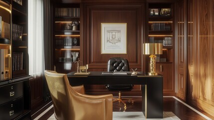 a sophisticated Art Deco home office featuring a glossy black desk, a plush leather chair