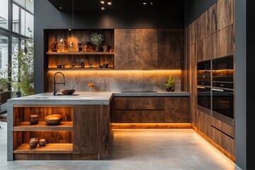 Luxurious kitchen interior featuring custom wood cabinetry concrete countertops and ambient LED lighting creating a warm modern space