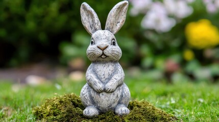 Charming Hand-Painted Earthenware Easter Bunny Figurine on Grass