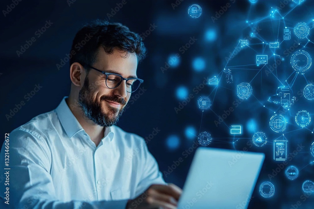 Poster a man smiling while working on a laptop amidst digital icons and data visuals.