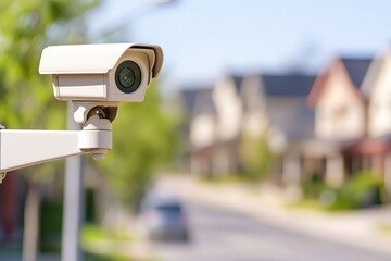 A camera is mounted on a pole and is looking down at the street