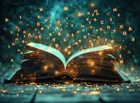 Open Book with Glowing Letters and Earth Illustration for Education Day