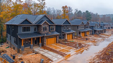Newly Developed Residential Neighborhood Under Construction in Autumn Landscape