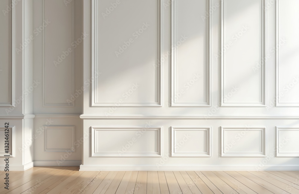 Aufkleber minimalist interior with white wall paneling and wooden floor creating serene atmosphere. soft light