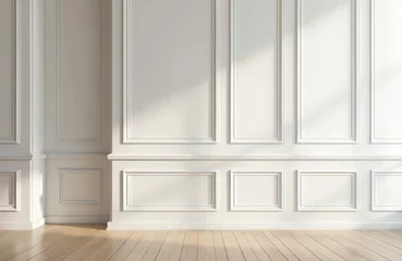 Wall murals Minimalist interior with white wall paneling and wooden floor creating serene atmosphere. Soft light and shadows give depth to elegant design. Empty room is great for furniture placement.