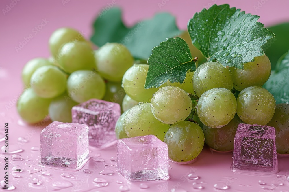 Poster refreshing green grapes and ice cubes on a pink surface create a cool and inviting scene perfect for