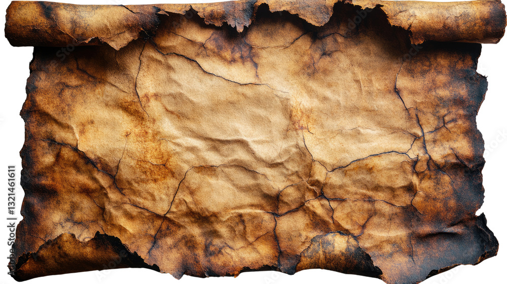 Aufkleber ancient scroll: a weathered and aged scroll, bearing the marks of time and history, lies open with h