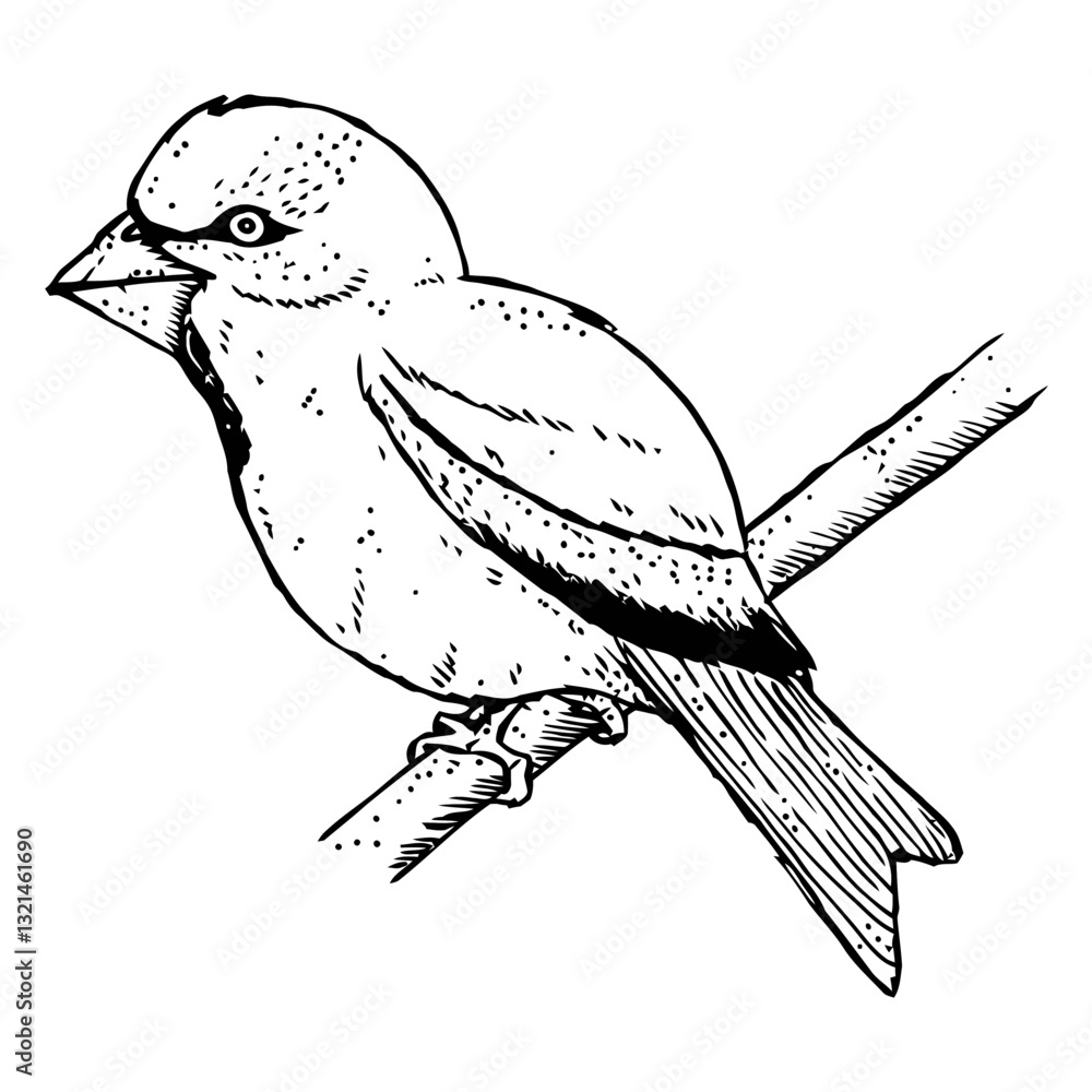 Poster bird on branch line art: a detailed line drawing of a small bird perched on a branch, showcasing int