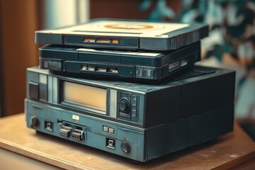 Fototapeta premium Vintage VCR Player and Stacked VHS Tapes in Retro Style Nostalgia Concept of Old Fashioned Video Record System