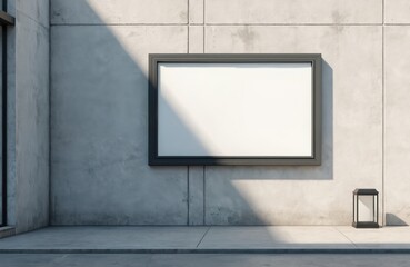 Store signage mockup on white concrete wall. Signboard with blank white space for shop branding. Urban background with sunlight shadows, ideal for business advertising, logo presentation, corporate