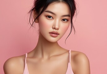 Naklejka premium A Korean beauty model smiles and gently touches her face with both hands, set against a pink background