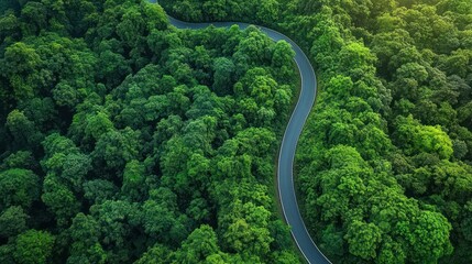 Aerial View of a Winding Road in a Lush Jungle Surrounded by Greenery and Mountains