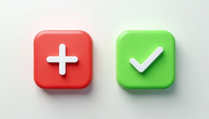 Obraz premium Bright red, green 3D icons depict plus, check mark. Minimalistic design elements for user interface in apps, web buttons. Symbol of summing, confirming positive choice, decision, acceptance,