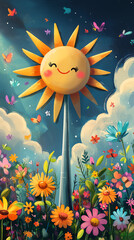 Cheerful sun shining over vibrant flowers.