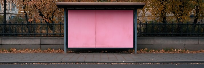 A vibrant pink bus stop stands alone against a backdrop of fall foliage and a stone wall, evoking feelings of solitude and urban charm in a seasonal setting.