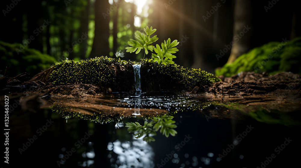 Poster tiny waterfall cascading into a tranquil forest water reflection pool