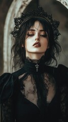A woman wearing a black dress and a crown, suitable for formal events or fantasy scenarios