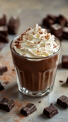 Creamy hot chocolate topped with whipped cream and chocolate shavings in a cozy setting