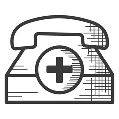 Emergency Medical Phone: A simple yet powerful sketch depicts an old-fashioned telephone, its dial adorned with a clear medical cross, symbolizing immediate access to crucial healthcare assistance.