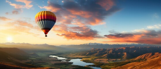Hot air balloon in the blue sky over the mountains.