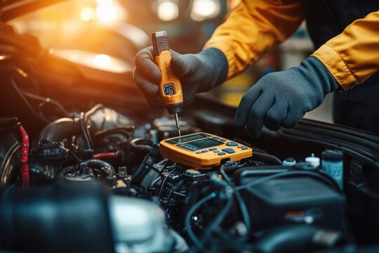 Car Mechanic Diagnosing Engine with Multimeter Checking Battery Voltage for Maintenance and Repair Services