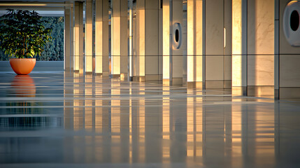 Modern architectural hallway with natural light and a plant