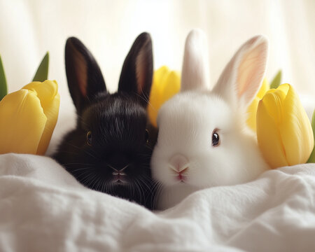 Easter and spring background with black and white baby bunnies cuddling together on white linen bed sheets with yellow tulips around them.