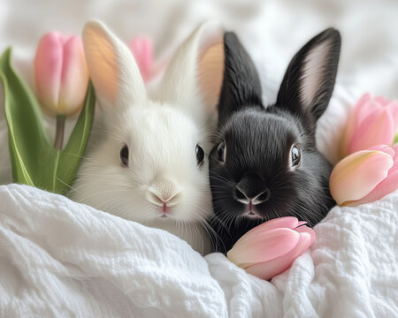 Close up of cute white and black baby rabbits snuggling with light pink tulip flowers on the side, laying on a cozy white blanket together. Cute animal cover. Minimal Easter and spring idea
