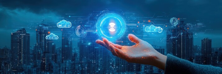 Futuristic Cityscape with Cloud-Based Digital Interface Interaction and Technology Symbols